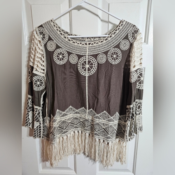 Anés.A Women Medium Brown Embroidered Crochet Fringe Boho Festival Blouse Top - Picture 2 of 7